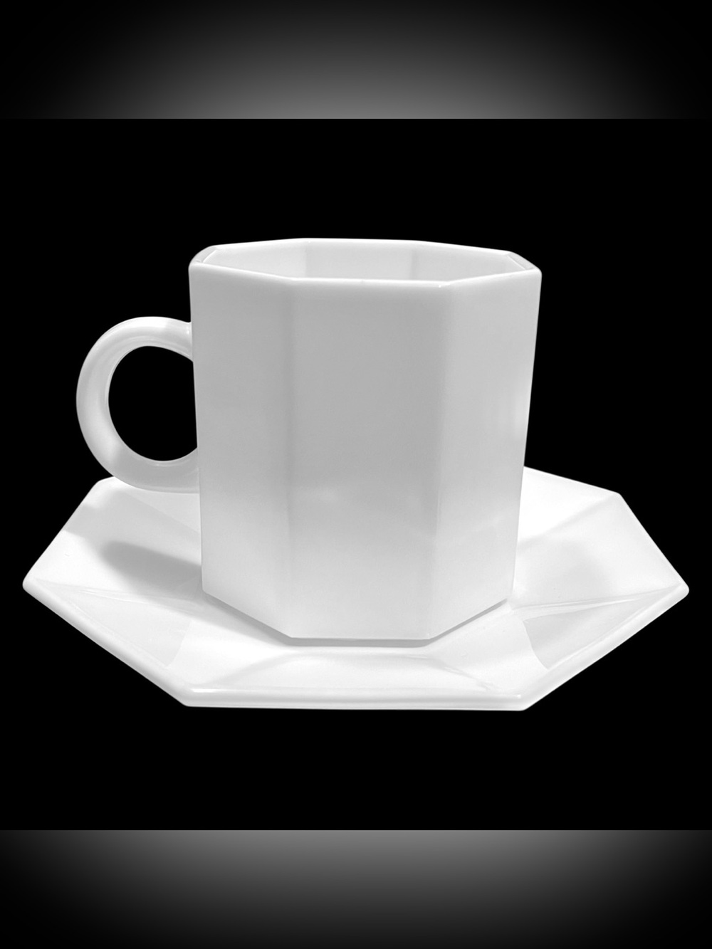 Vintage 1980s Arcopal France Octime Glossy White Teacups Saucers Set Octagon